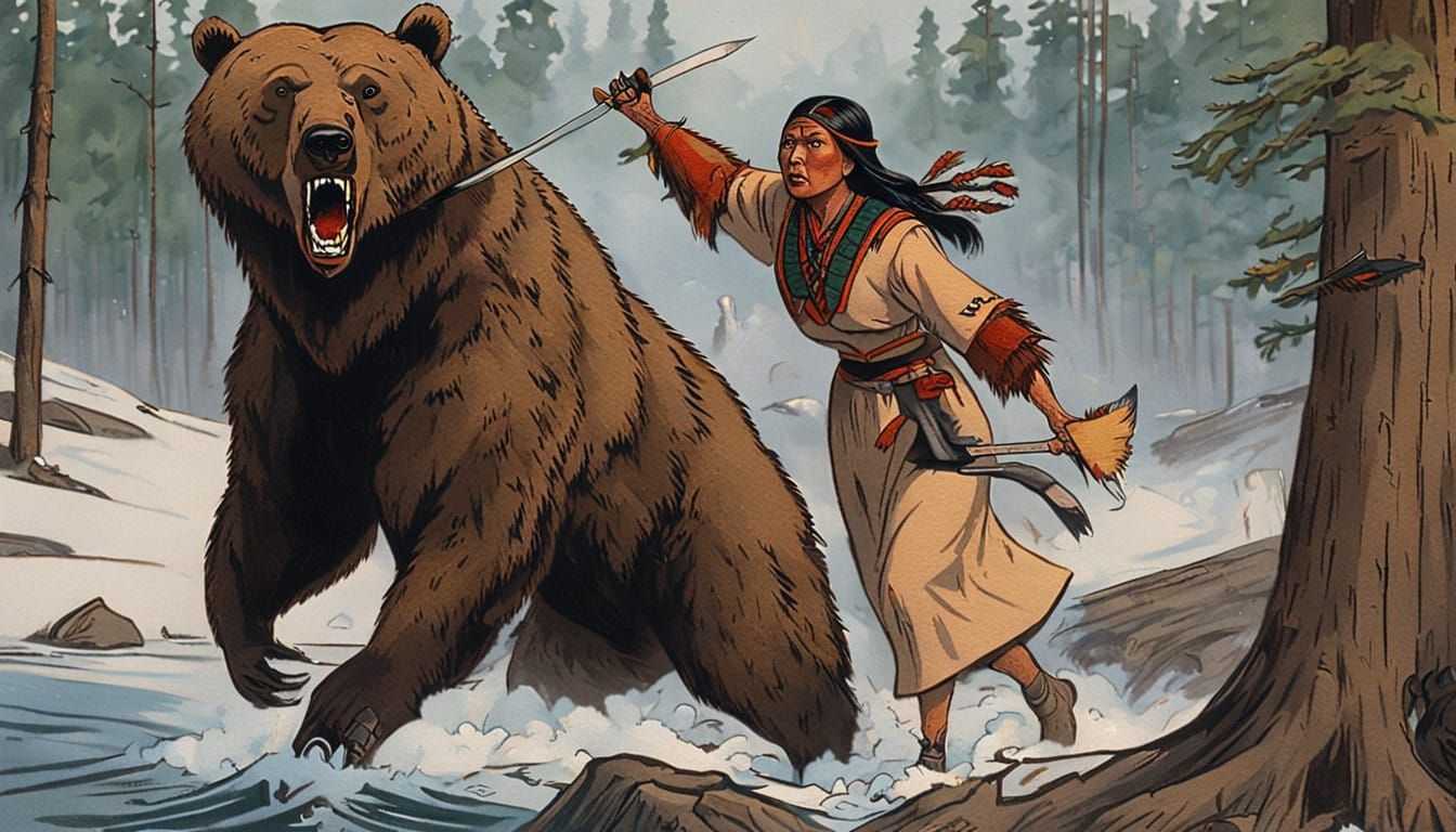 Native American Warrior Woman Defends Against a Fierce Grizz...