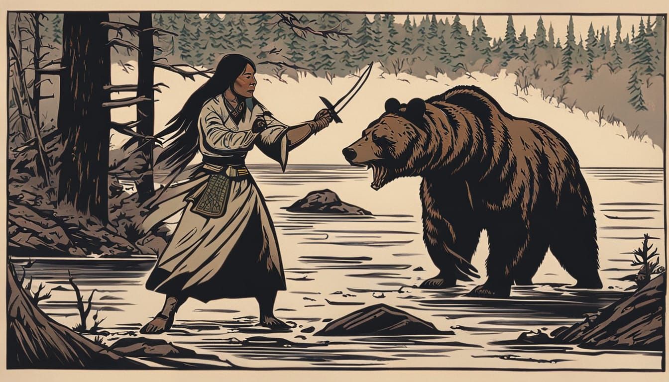 Native American Warrior Woman Confronts Grizzly Bear in Pine...