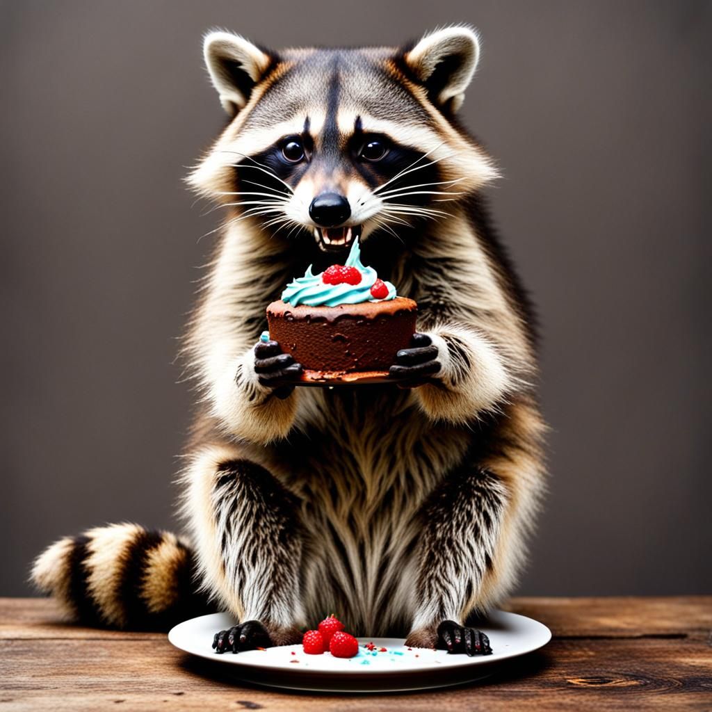 Raccoon Bites Earth Cake: Whimsical Scene