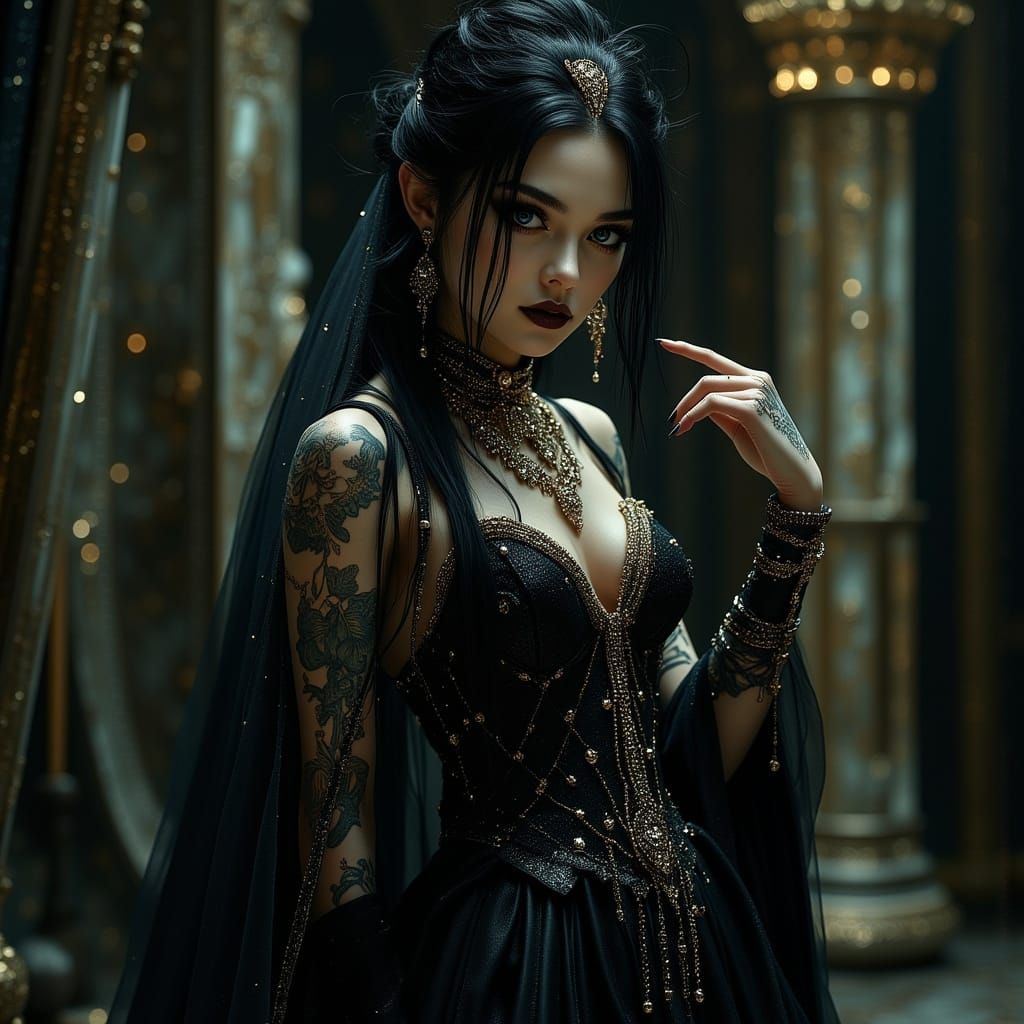 Gothic Enchantress in Dark Chamber, Hyperrealistic Digital A...