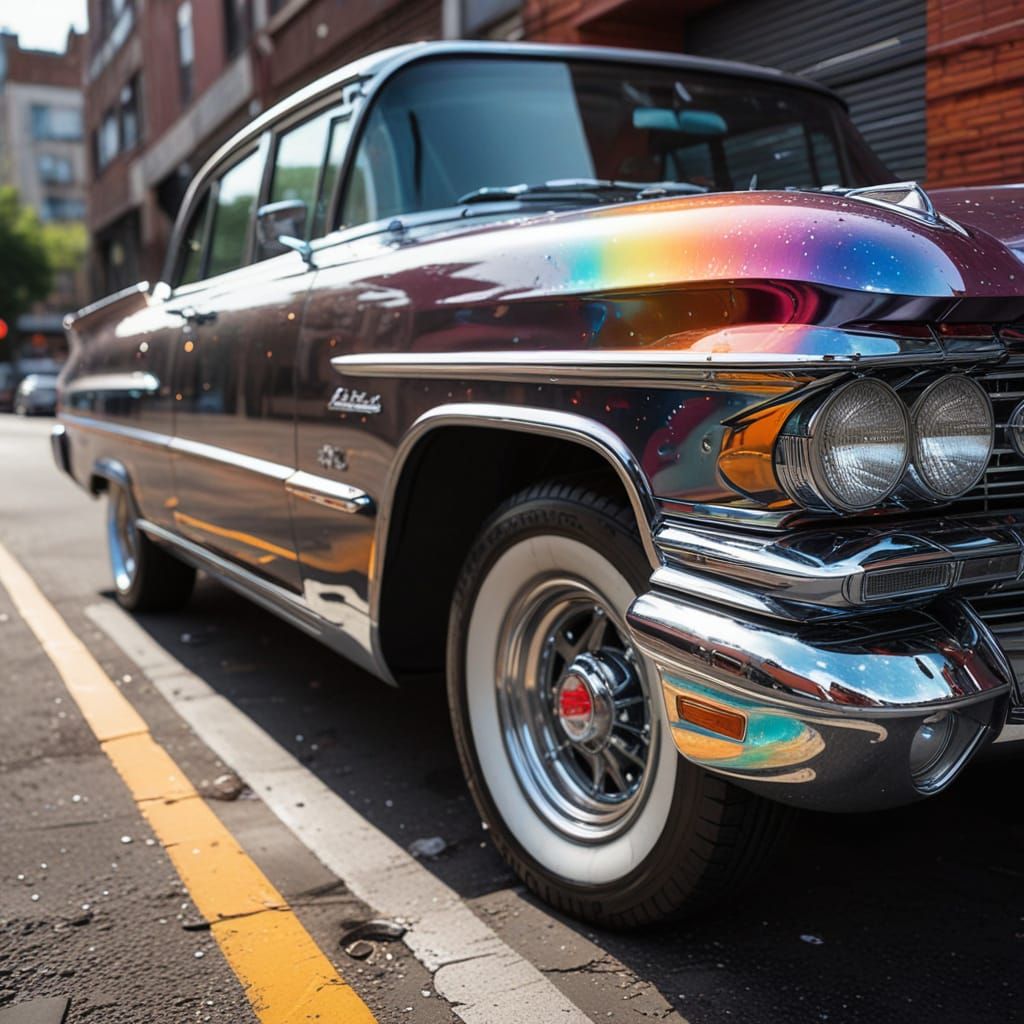 Surreal Cityscape Cadillac with Radiant Chrome Accents