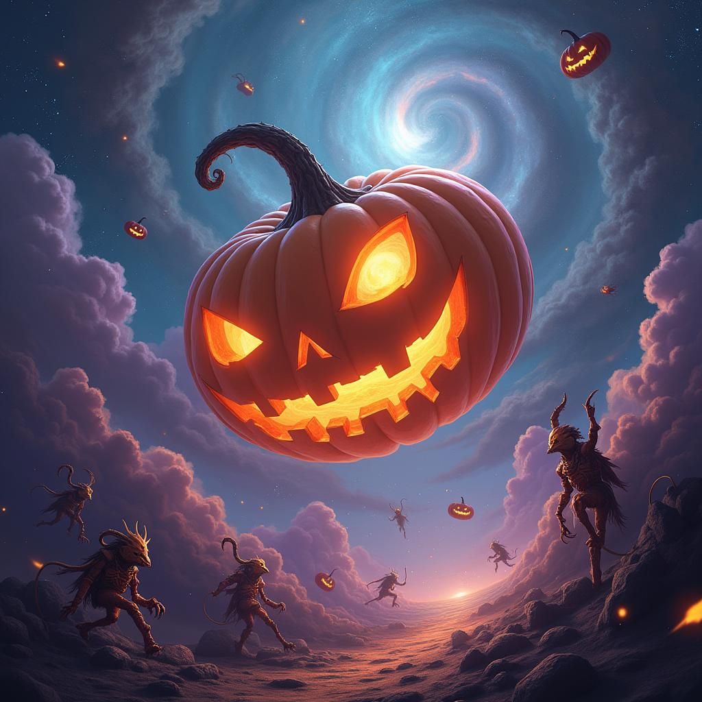 Robotic Space Pumpkin with Halloween Creatures in Space