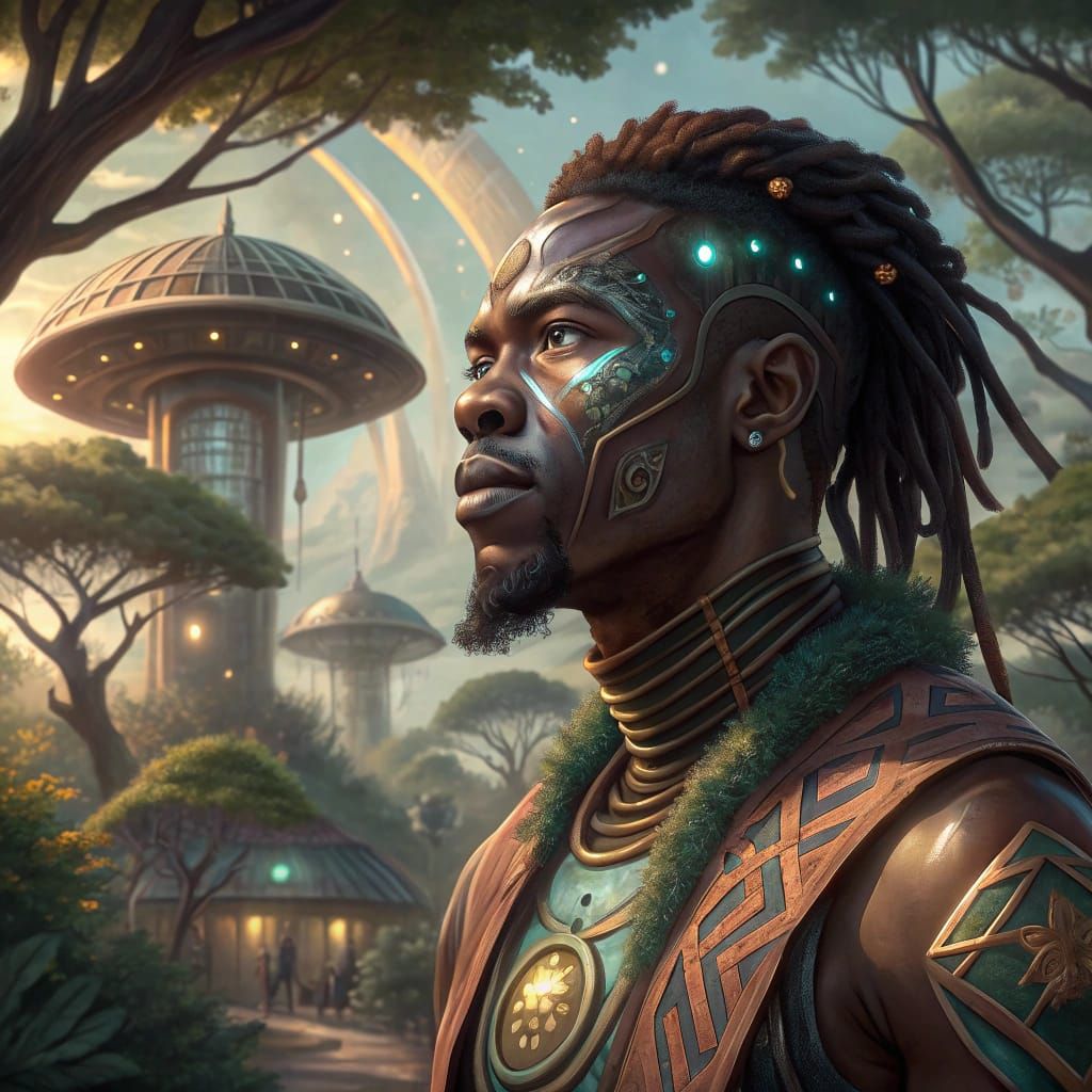 Afrofuturist Akan Technomancer Portrait in Watercolour