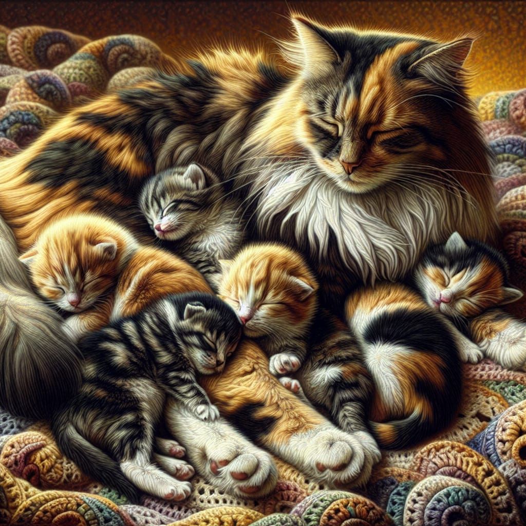 Calico Cat Grooming Kittens: Hyperrealistic Masterpiece