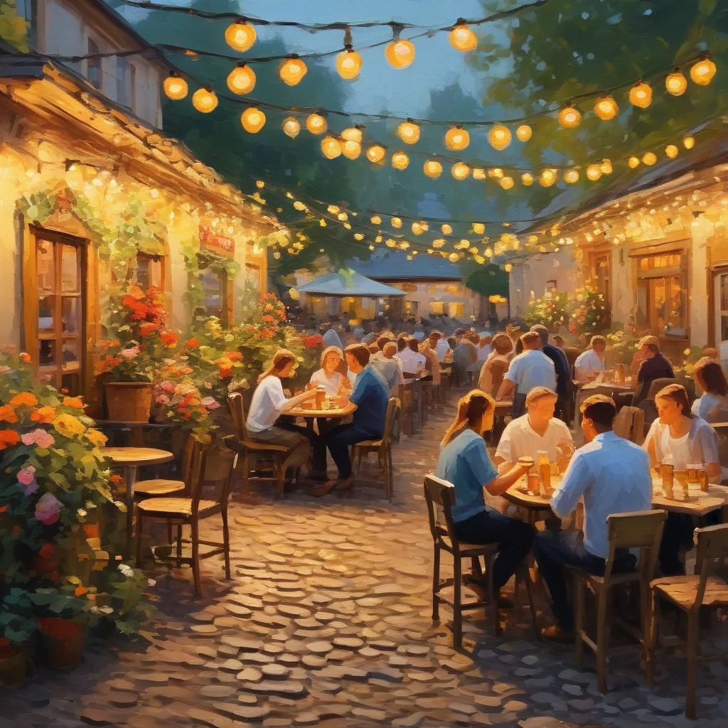 Impressionist Beer Garden Scene at Golden Hour