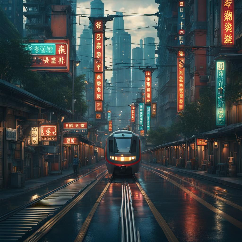 Futuristic Oriental City Street in Pop Art Style