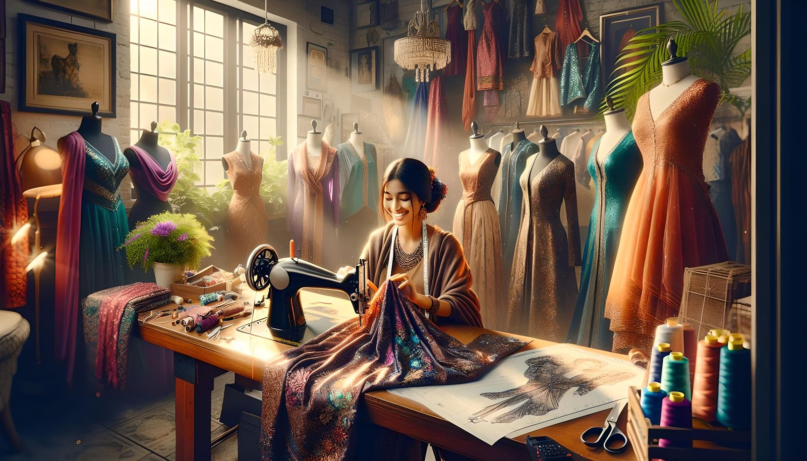 South Asian Tailor Creates Dress in Sunny Studio