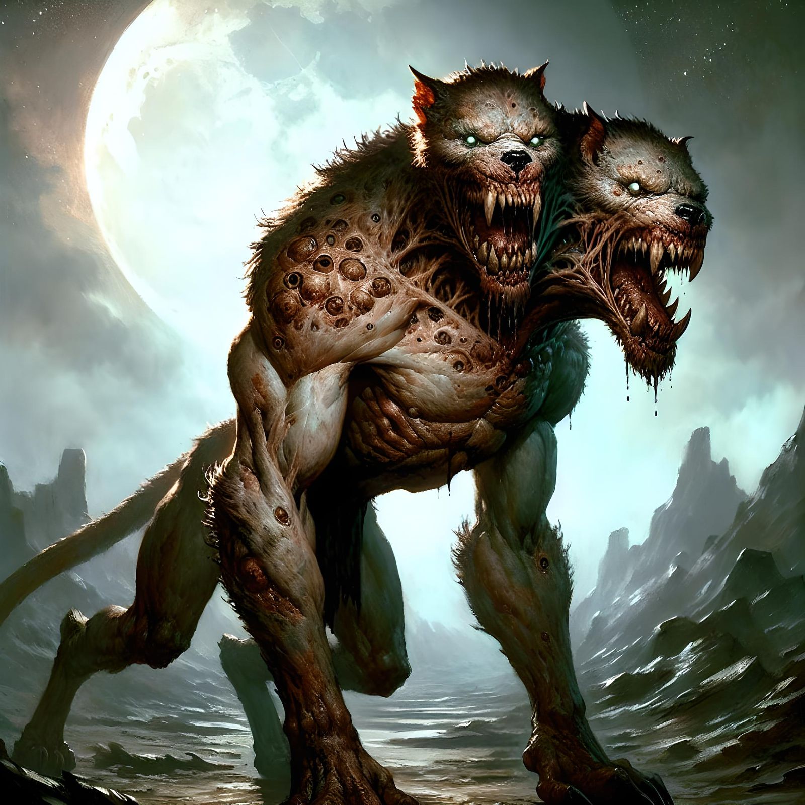 Two-Headed Undead Monster in a Dark Fantasy Setting