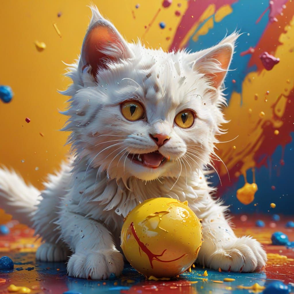 Fluffy Kittens Play with Yellow Ball in 3D Animation Style