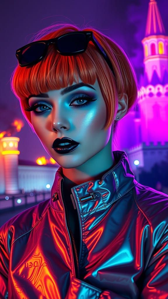 Glowing Cyberpunk Woman Amidst Fiery Kremlin Ruins