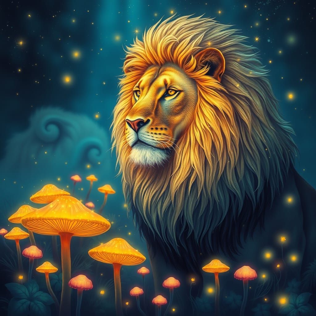 Starlight Lion in Bioluminescent Mushroom Field