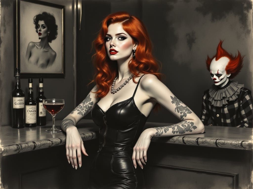 Creepy Clown Barmaid in Charcoal Sketch Style