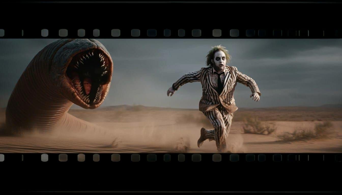 Beetlejuice Runs From Sandworm: Cinematic Film Still