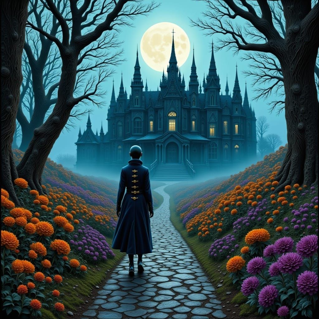 Robot Alien Approaches Gothic Manor in Haunted Forest