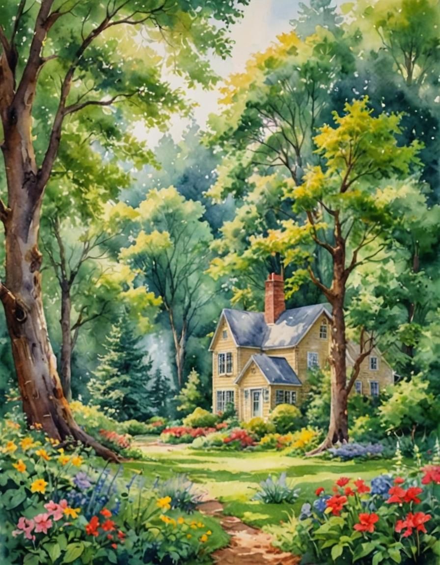 Watercolor Forest Backyard Scene