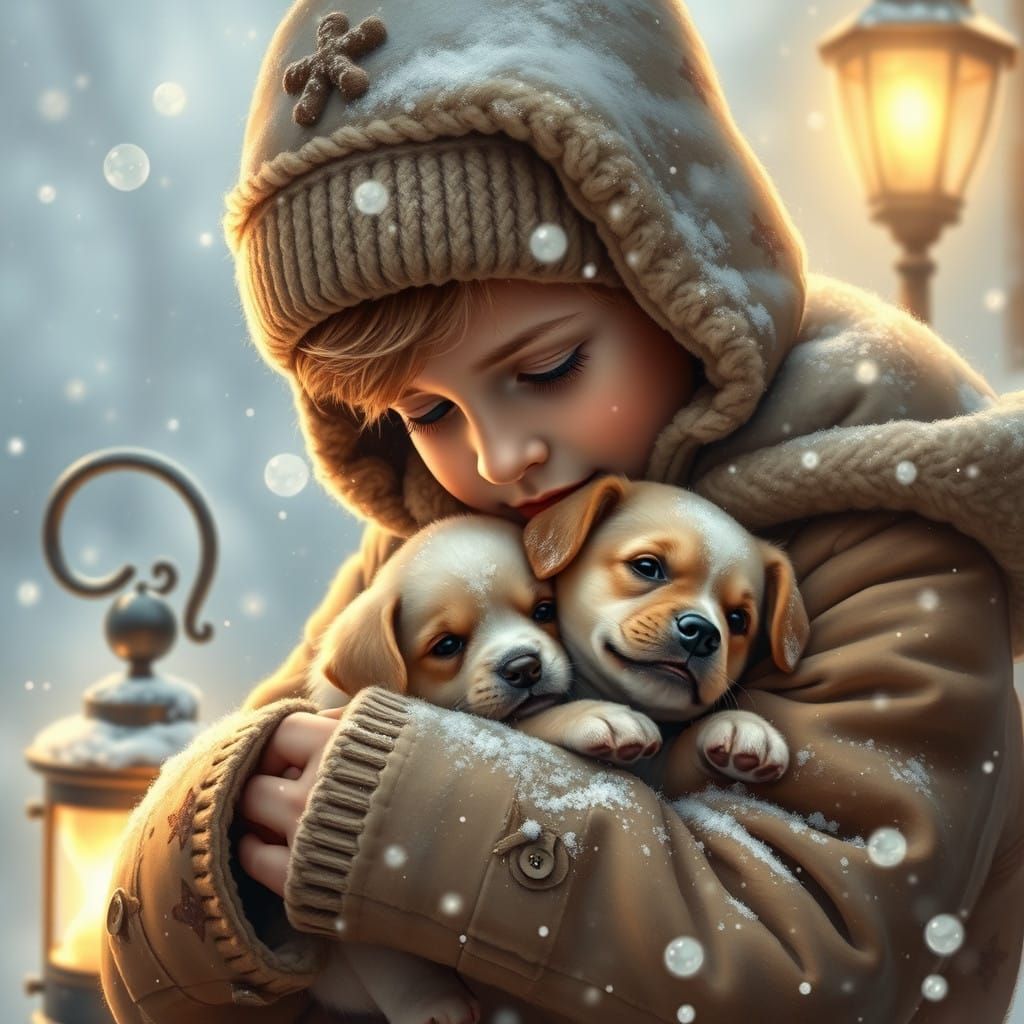 Boy Protects Puppy from Winter Snow in Cozy, Dreamlike Scene