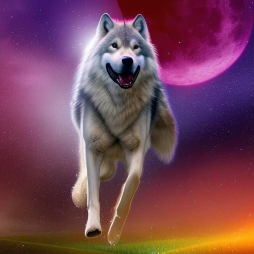 Timber Wolf Jumps Through Cosmic Portal, Hyperdetailed Art