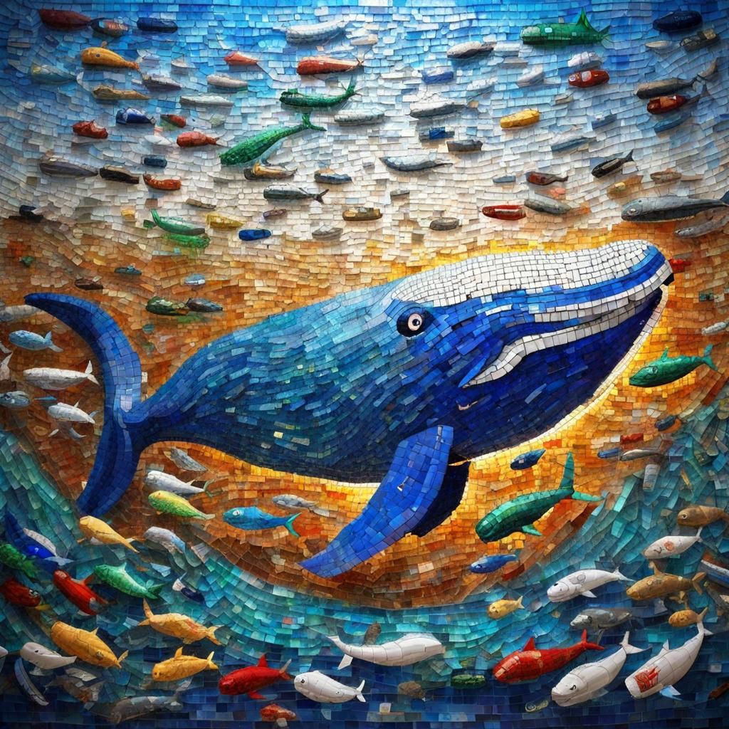 mosaic Whale made out of recycled  plastic water bottles, pop soda cans, beer bottles dumped into the sea