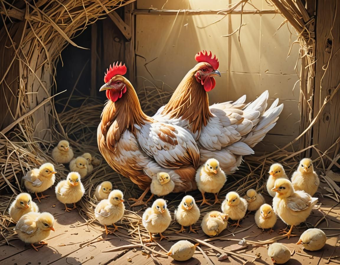 Mother Hen and Chicks in Sunny Storybook Scene