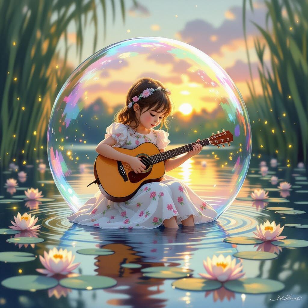 Girl on Bubble, Impressionistic Lake Scene