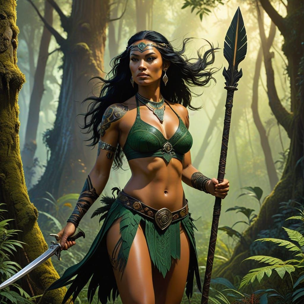 Maori Huntress in Lush New Zealand Forest