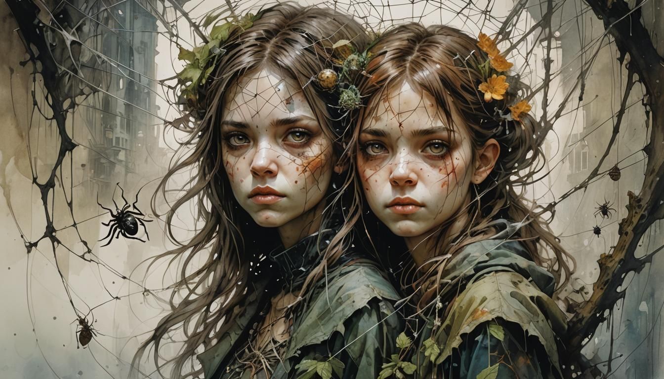 Dystopian Spiderweb: Intricate Mixed-Media Masterpiece
