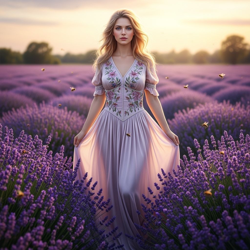 Woman in Lavender Field: Art Nouveau Style