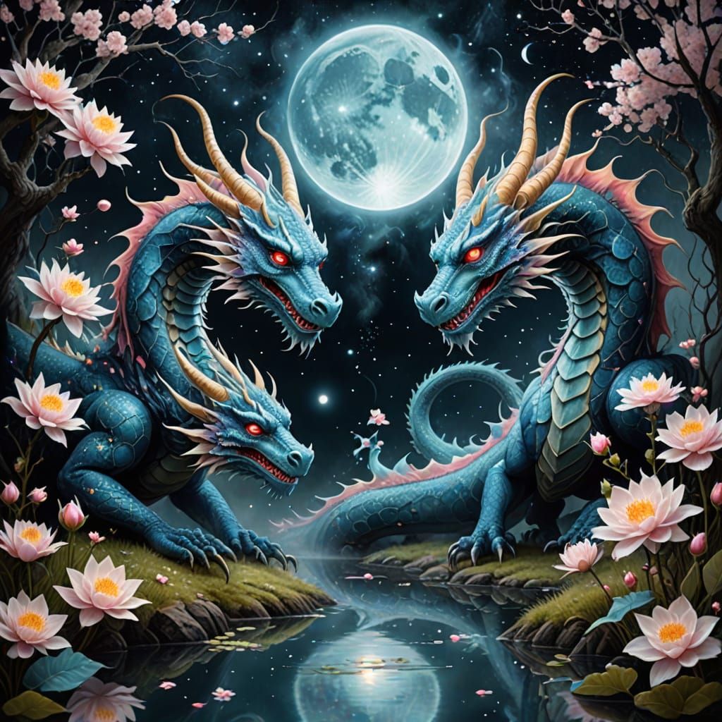 Celestial Dragons in Misty Pond, Surreal Fantasy Art