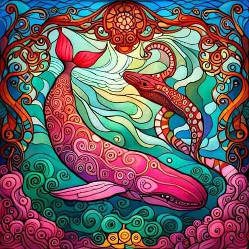 Whale vs Squid: Stained Glass Art Nouveau Illustration