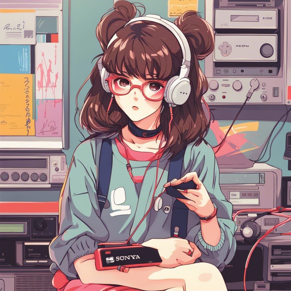 80's Hipster Girl with Walkman in Anime Style