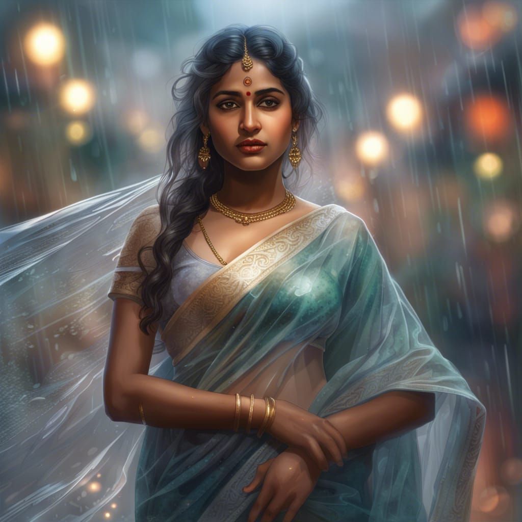 Hyperrealistic Indian Woman in Rain, Dynamic Lighting