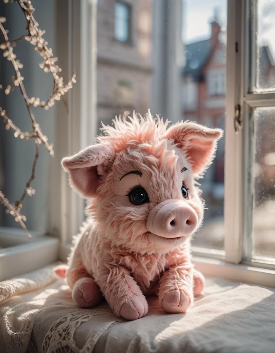 Cute Furry Piglet Plushie on Window Sill