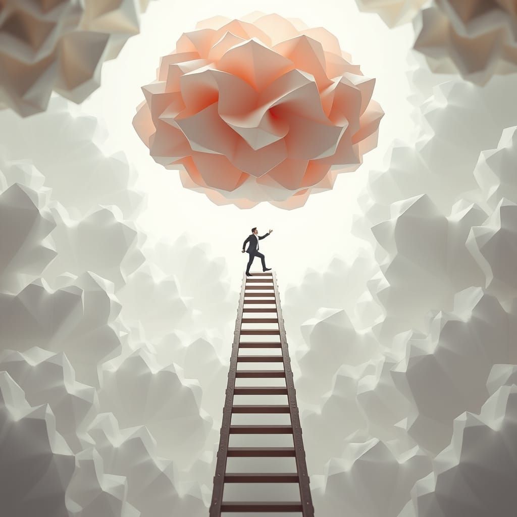 Man Balances on Ladder to Clouds, Anime Style