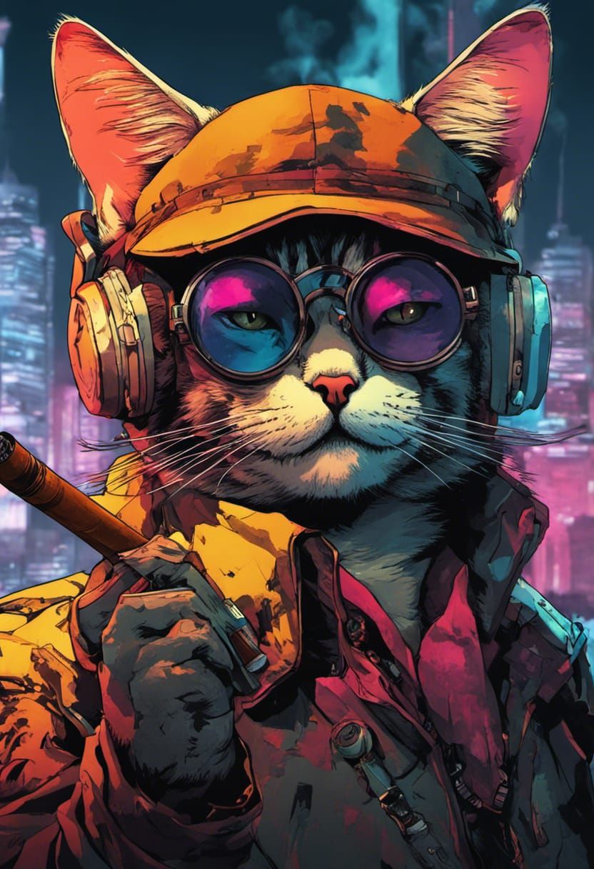 Cyberpunk Cat Smoking Cigar in Anime Digital Art Style