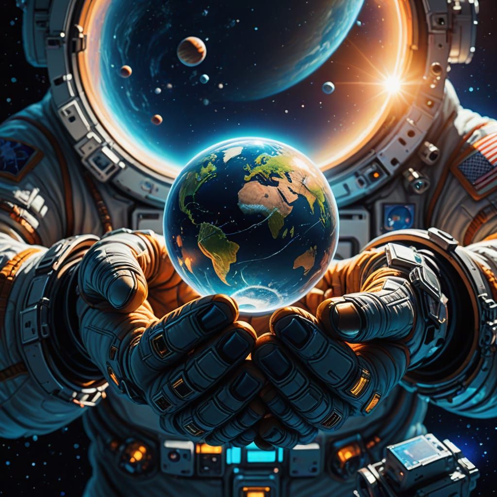 Astronaut Holding Tiny Planet: Vibrant Digital Art