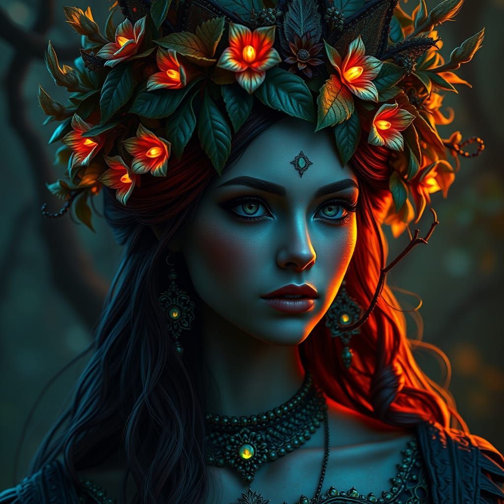 Forest Queen with Bioluminescent Tiara in Matte Painting Sty...