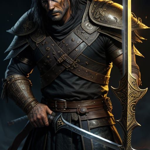 Mystical Warrior with Runed Sword in Dark Fantasy Art