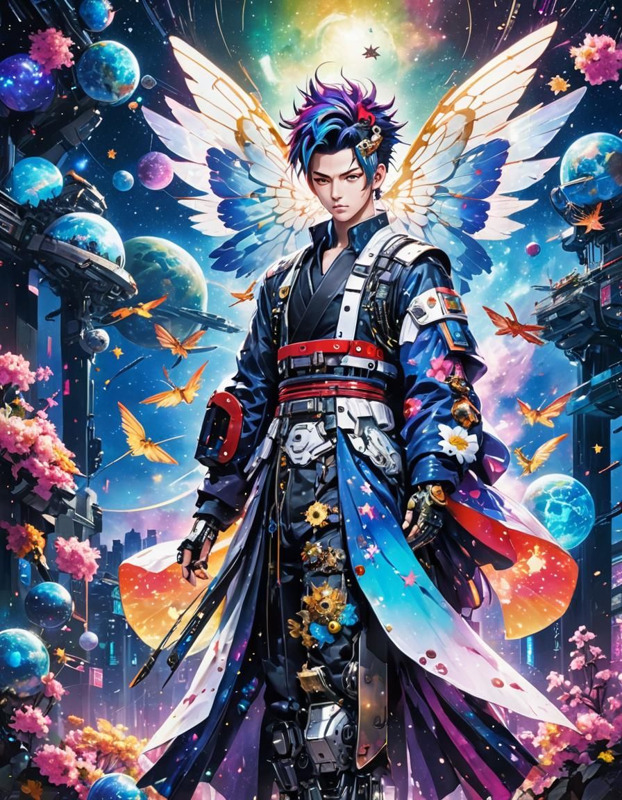 Cyberpunk Cyborg in Space with Nebulae, Digital Art