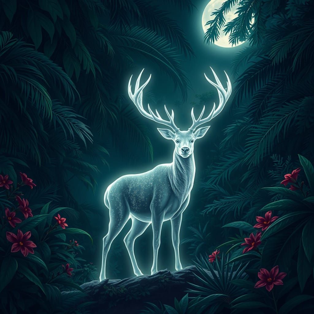 Serenely Majestic Jungle Reindeer in Ethereal Moonlight