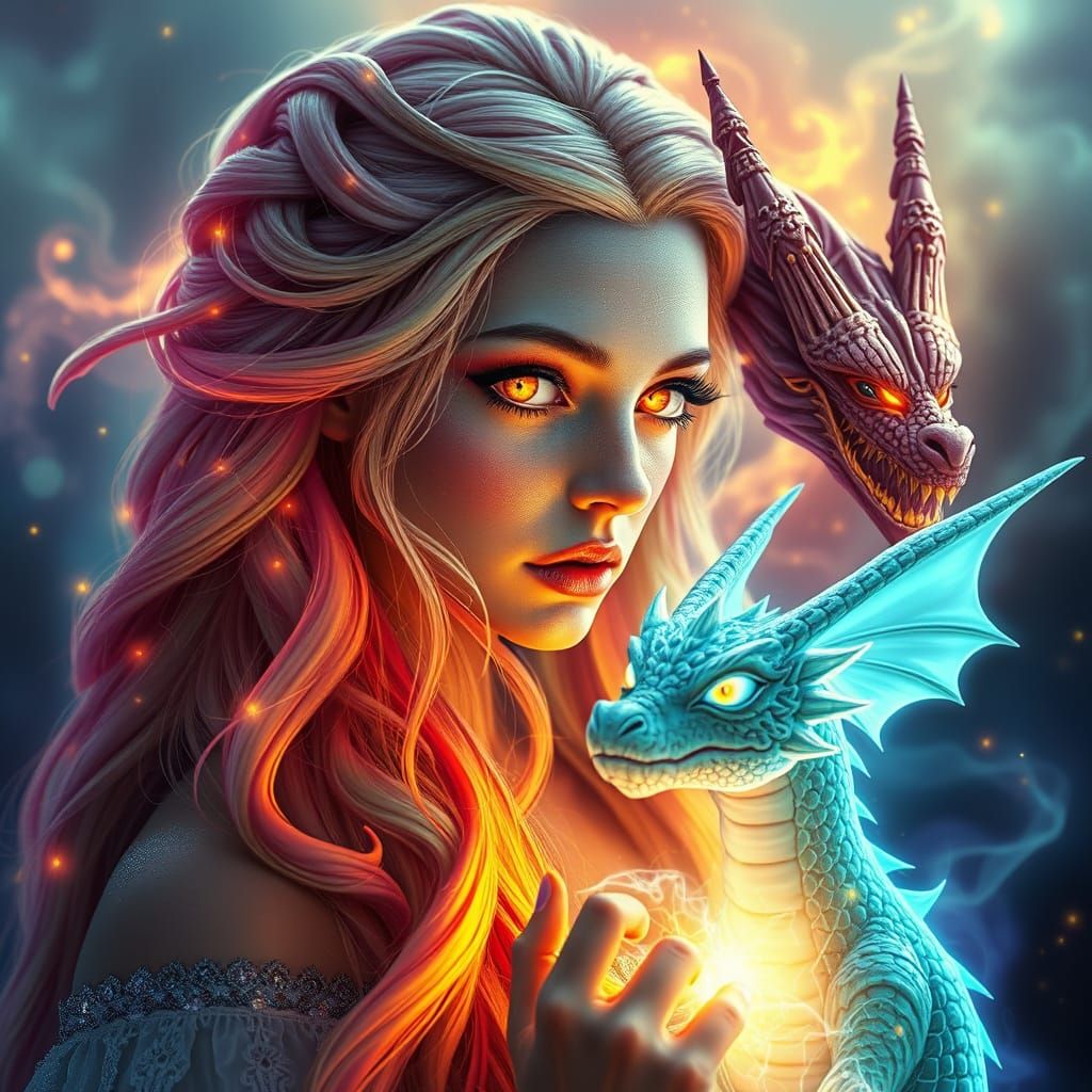 Sorceress with Rainbow Hair and Dragon Companion