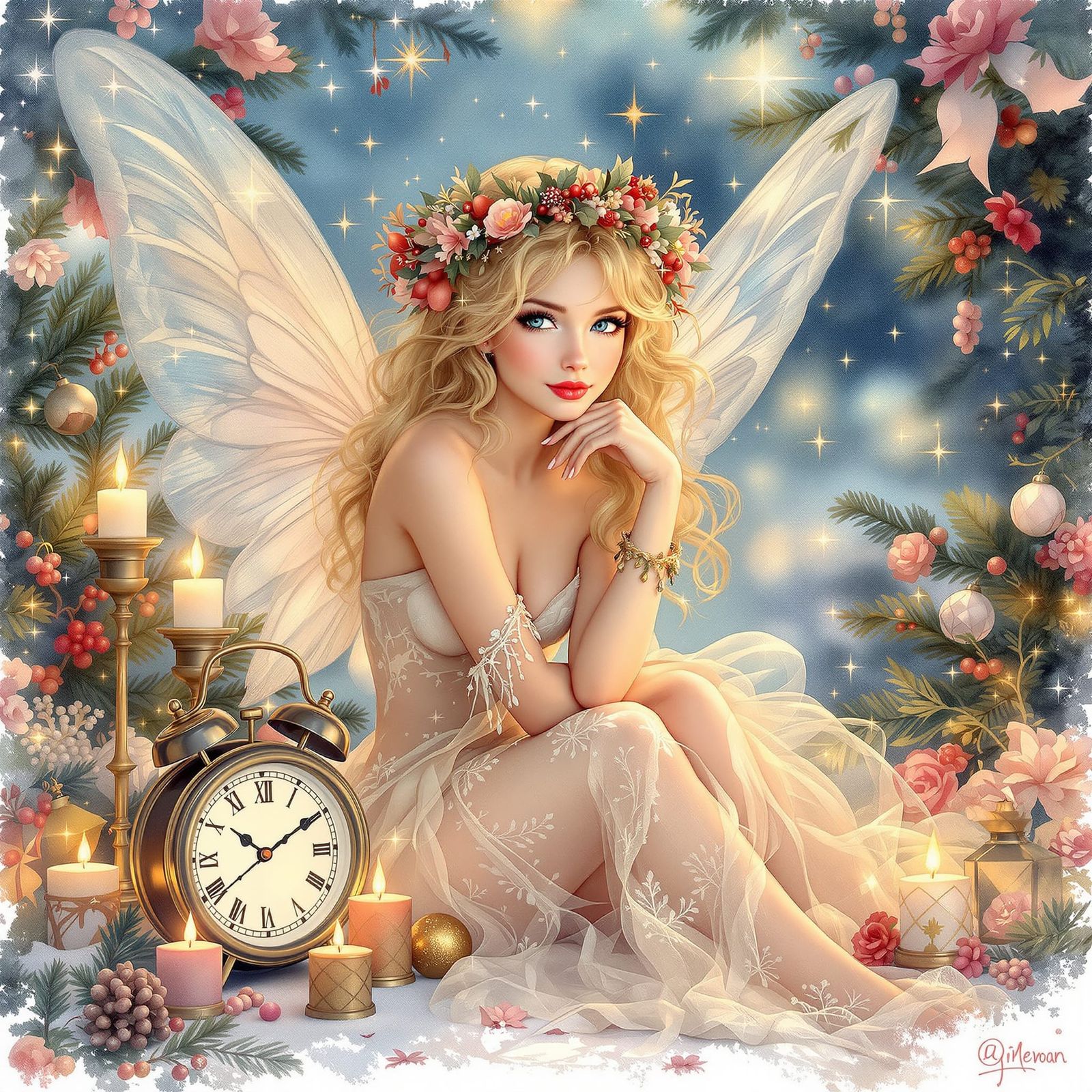 Enchanting Fairy with New Year's Decorations in Watercolor S...