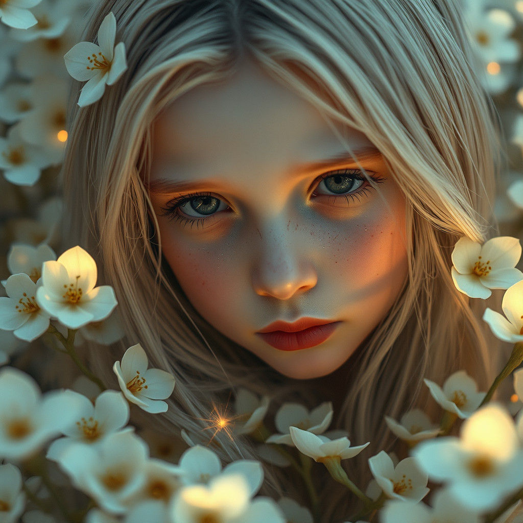 Girl with Sorrowful Eyes in Ethereal Flower Garden