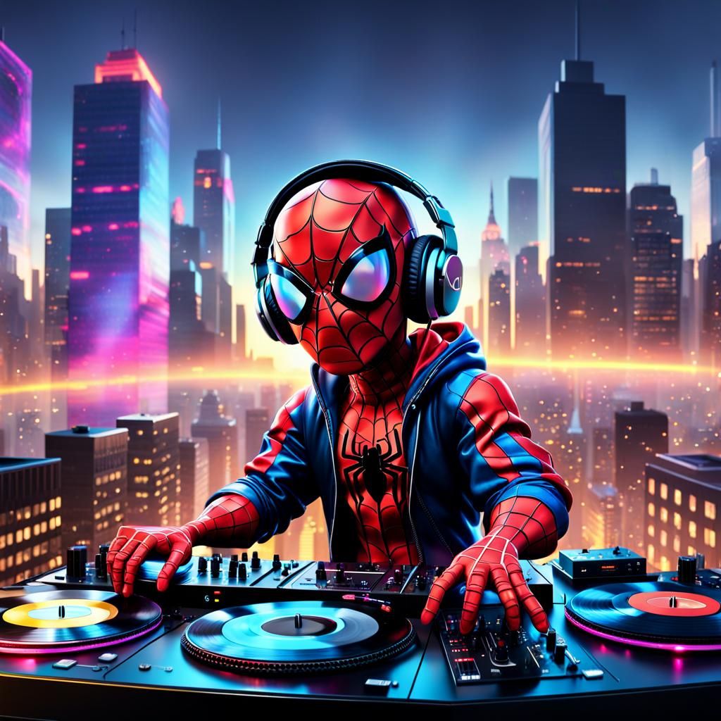 Cartoon Baby Spiderman DJing in High-Tech Booth