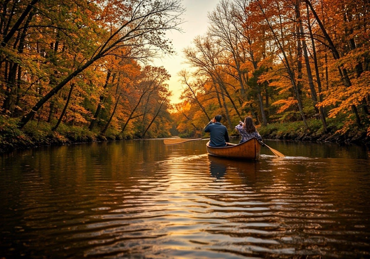 Picturesque Autumn Stream with Couple in Canoe