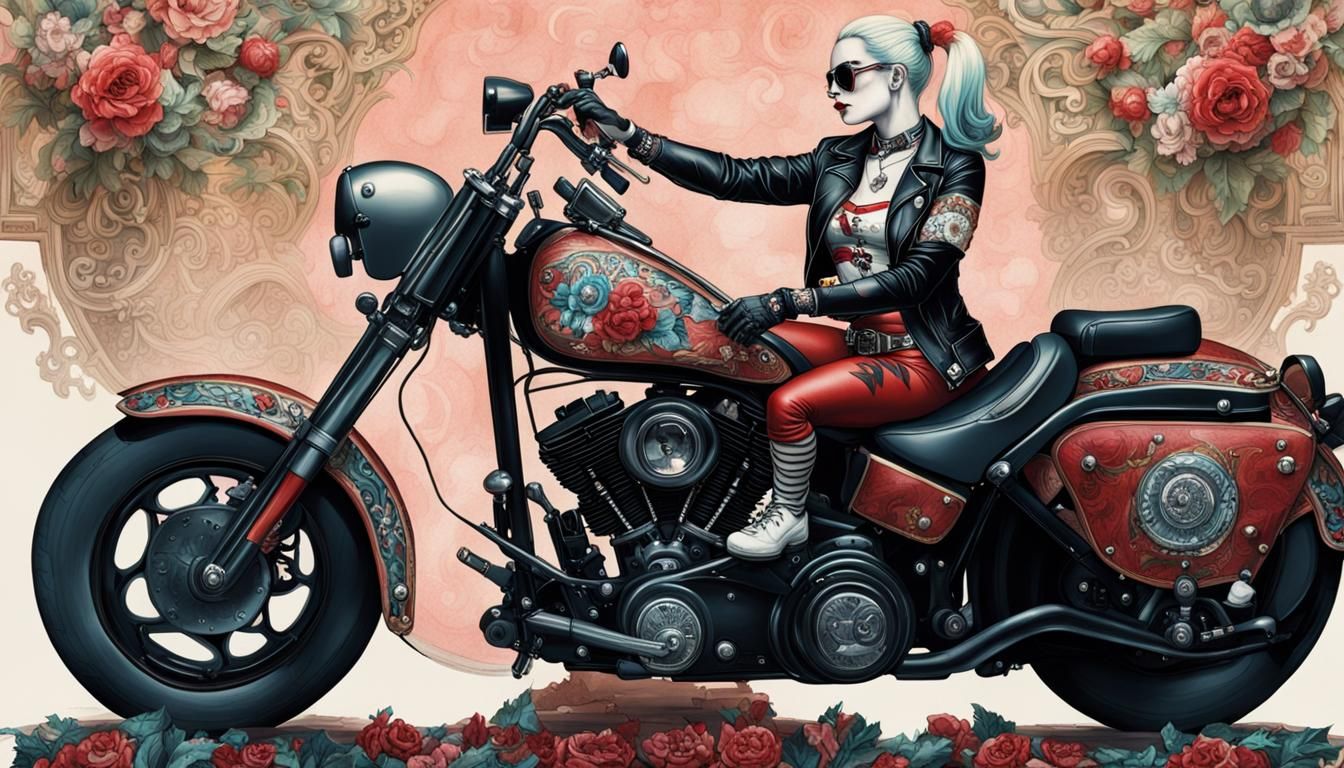 Harley Quinn on Motorcycle, Rococo Hyperdetailed Portrait