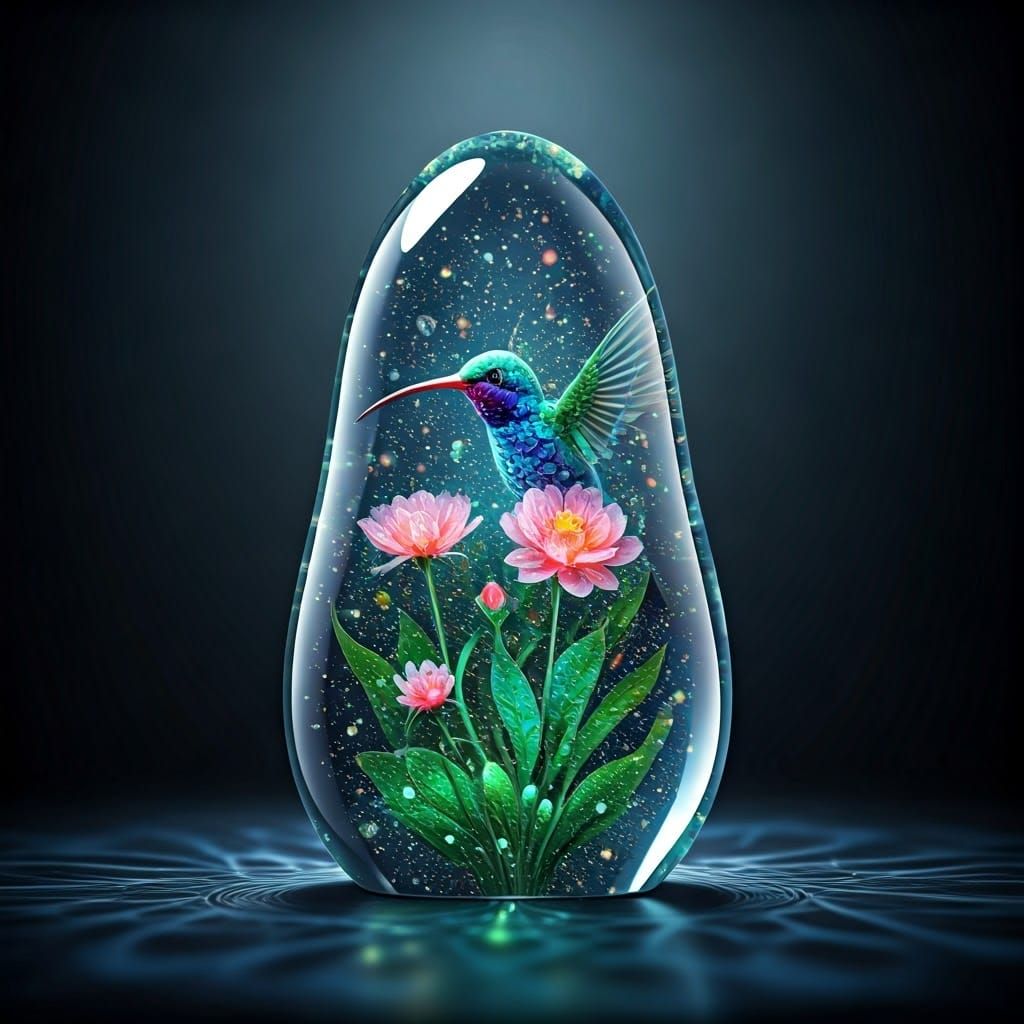 Bioluminescent Hummingbird in Crystal Glass Sculpture