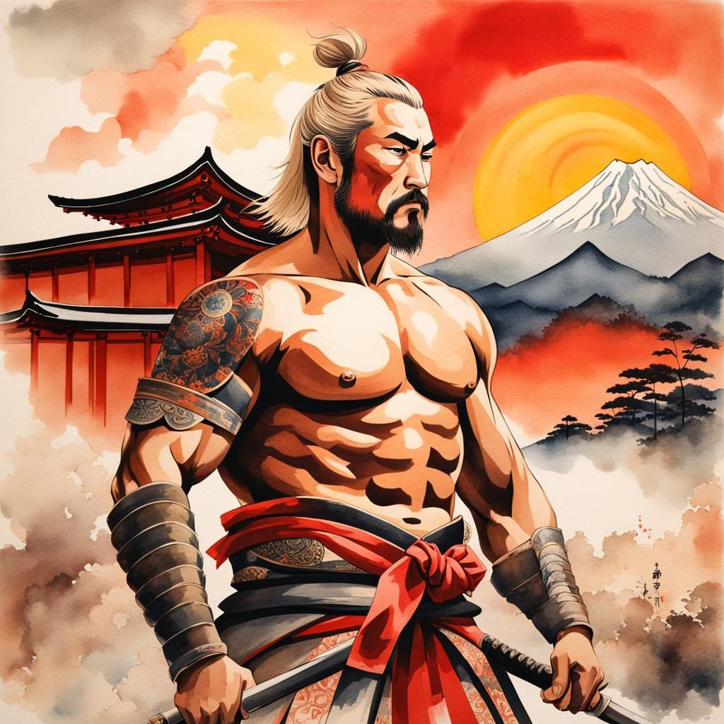 Samurai Warrior with Mount Fuji in Watercolor Style