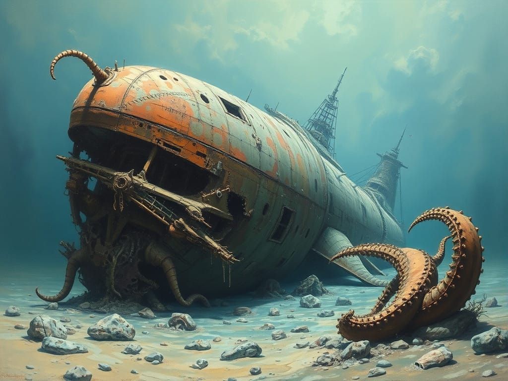 Giant Squid Inspired Spaceship Wreckage, Oil Painting