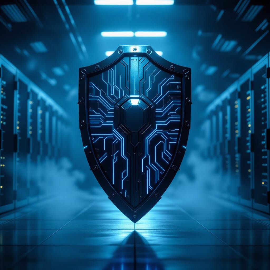 Futuristic Shield With Glowing Circuitry in Server Room