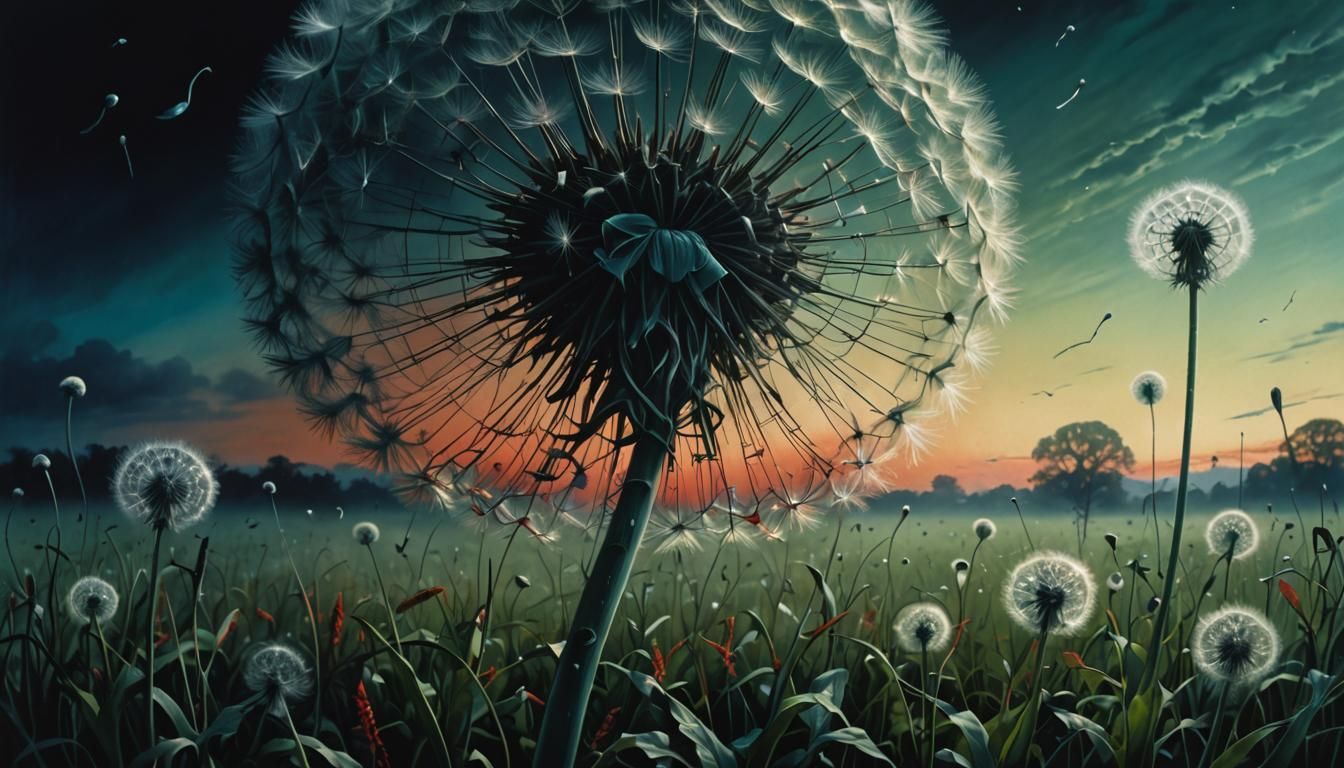 Surreal Dandelion Seeds in Ominous Air